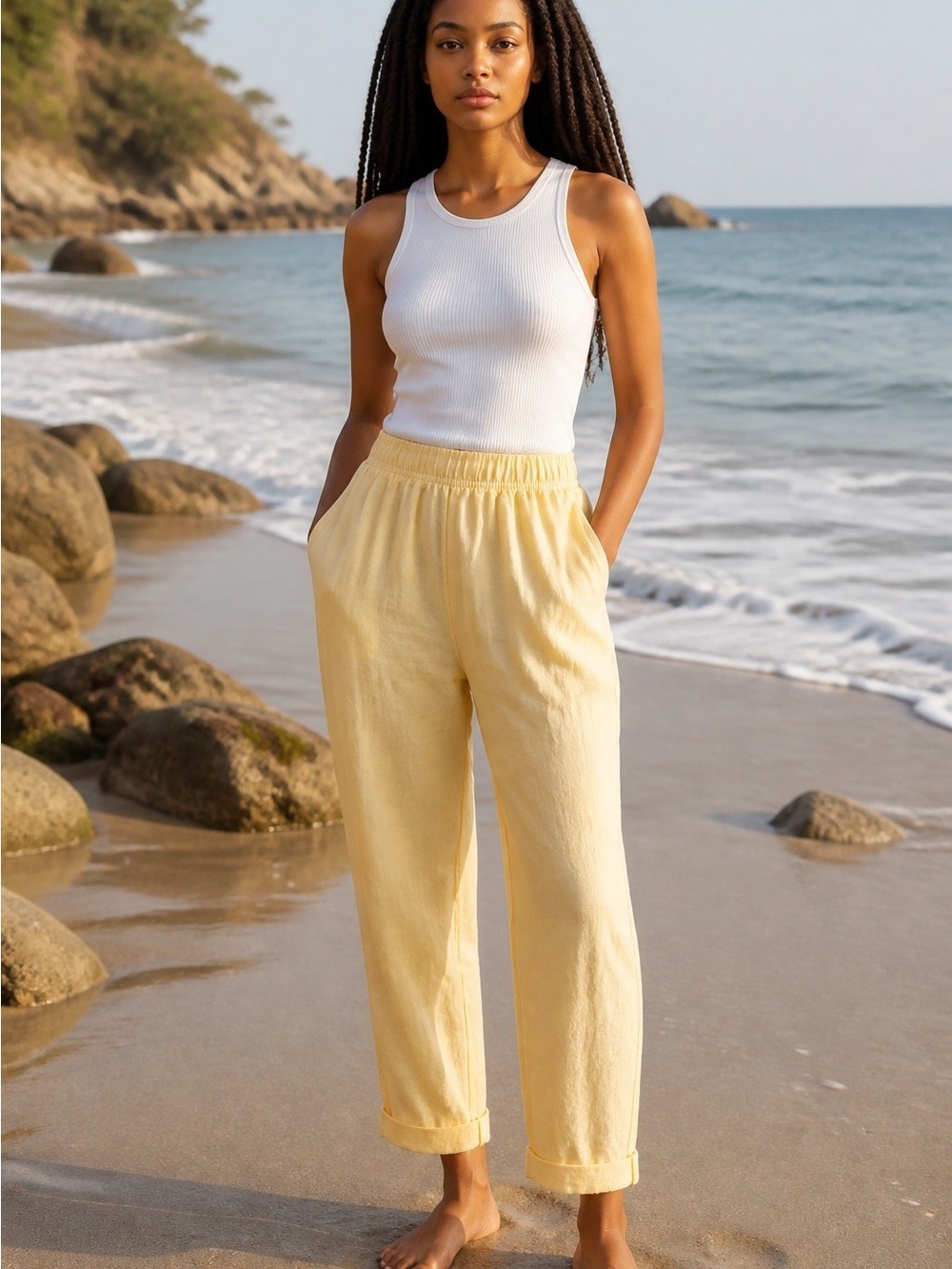 TROPISM LINEN PASTEL YELLOW CASUAL ELASTIC WAIST RELAXED W TAPERED CUFFED PANT S